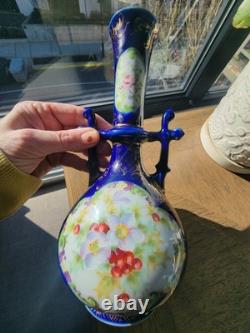 Antique Bohemian Cobalt Blue Art Glass Vase Ewer Hand Painted Floral Gold URN