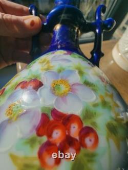 Antique Bohemian Cobalt Blue Art Glass Vase Ewer Hand Painted Floral Gold URN