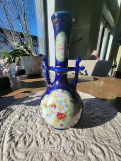 Antique Bohemian Cobalt Blue Art Glass Vase Ewer Hand Painted Floral Gold URN