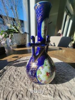 Antique Bohemian Cobalt Blue Art Glass Vase Ewer Hand Painted Floral Gold URN