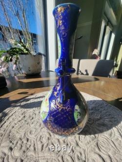 Antique Bohemian Cobalt Blue Art Glass Vase Ewer Hand Painted Floral Gold URN