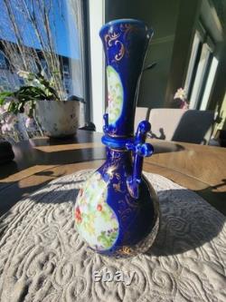 Antique Bohemian Cobalt Blue Art Glass Vase Ewer Hand Painted Floral Gold URN