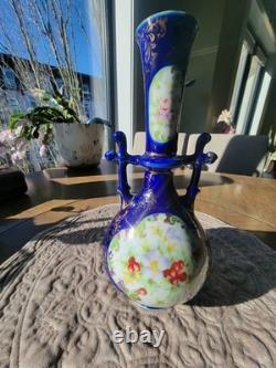Antique Bohemian Cobalt Blue Art Glass Vase Ewer Hand Painted Floral Gold URN