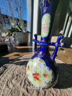 Antique Bohemian Cobalt Blue Art Glass Vase Ewer Hand Painted Floral Gold URN