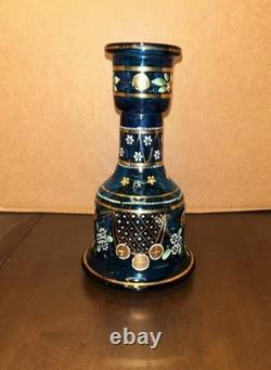 Antique Bohemian Cobalt Blue Glass Vase, Hand Painted