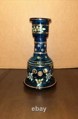 Antique Bohemian Cobalt Blue Glass Vase, Hand Painted