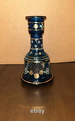 Antique Bohemian Cobalt Blue Glass Vase, Hand Painted