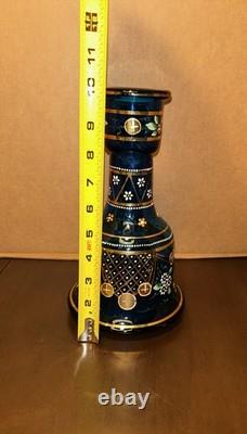 Antique Bohemian Cobalt Blue Glass Vase, Hand Painted