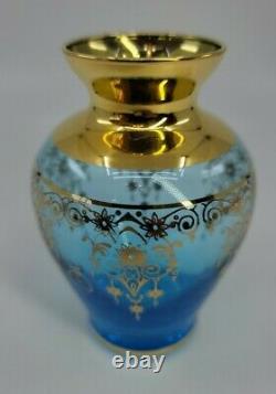 Antique Bohemian Glass Vase Beautiful Blue Enamel Gold Trim 4.25 Tall EUC