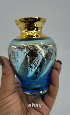 Antique Bohemian Glass Vase Beautiful Blue Enamel Gold Trim 4.25 Tall EUC