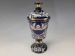 Antique Bohemian Haida Enameled Blue Glass Lidded Pokal Jar Vase c1820