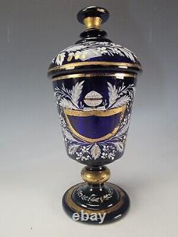 Antique Bohemian Haida Enameled Blue Glass Lidded Pokal Jar Vase c1820