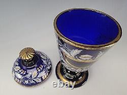 Antique Bohemian Haida Enameled Blue Glass Lidded Pokal Jar Vase c1820