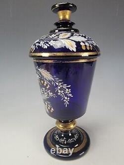 Antique Bohemian Haida Enameled Blue Glass Lidded Pokal Jar Vase c1820