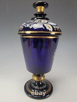 Antique Bohemian Haida Enameled Blue Glass Lidded Pokal Jar Vase c1820