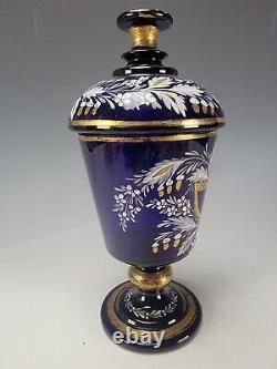 Antique Bohemian Haida Enameled Blue Glass Lidded Pokal Jar Vase c1820