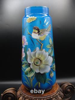Antique Bohemian Harrach Blue Hand Painted Enamel Bird & Floral Art Glass Vase