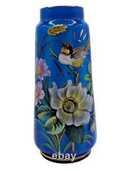 Antique Bohemian Harrach Blue Hand Painted Enamel Bird & Floral Art Glass Vase