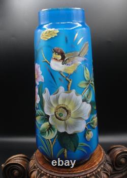 Antique Bohemian Harrach Blue Hand Painted Enamel Bird & Floral Art Glass Vase