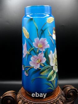 Antique Bohemian Harrach Blue Hand Painted Enamel Bird & Floral Art Glass Vase