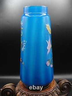 Antique Bohemian Harrach Blue Hand Painted Enamel Bird & Floral Art Glass Vase