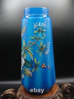 Antique Bohemian Harrach Blue Hand Painted Enamel Bird & Floral Art Glass Vase