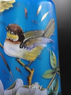 Antique Bohemian Harrach Blue Hand Painted Enamel Bird & Floral Art Glass Vase