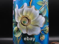 Antique Bohemian Harrach Blue Hand Painted Enamel Bird & Floral Art Glass Vase