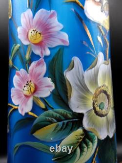 Antique Bohemian Harrach Blue Hand Painted Enamel Bird & Floral Art Glass Vase