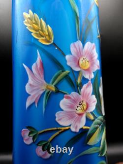 Antique Bohemian Harrach Blue Hand Painted Enamel Bird & Floral Art Glass Vase