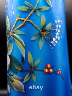 Antique Bohemian Harrach Blue Hand Painted Enamel Bird & Floral Art Glass Vase