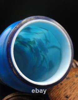 Antique Bohemian Harrach Blue Hand Painted Enamel Bird & Floral Art Glass Vase