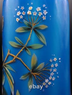 Antique Bohemian Harrach Blue Hand Painted Enamel Bird & Floral Art Glass Vase