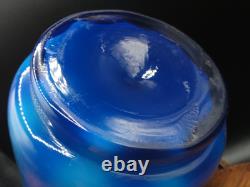 Antique Bohemian Harrach Blue Hand Painted Enamel Bird & Floral Art Glass Vase