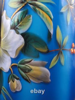 Antique Bohemian Harrach Blue Hand Painted Enamel Bird & Floral Art Glass Vase