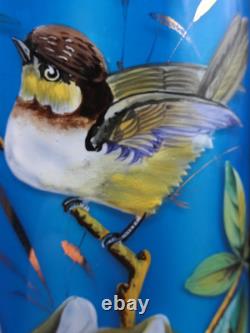 Antique Bohemian Harrach Blue Hand Painted Enamel Bird & Floral Art Glass Vase