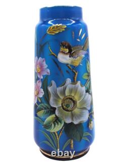 Antique Bohemian Harrach Blue Hand Painted Enamel Bird & Floral Art Glass Vase