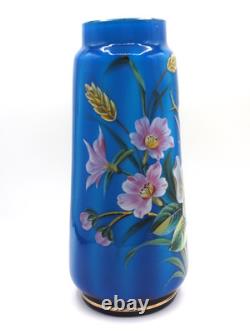 Antique Bohemian Harrach Blue Hand Painted Enamel Bird & Floral Art Glass Vase