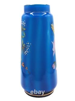 Antique Bohemian Harrach Blue Hand Painted Enamel Bird & Floral Art Glass Vase