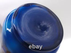 Antique Bohemian Harrach Blue Hand Painted Enamel Bird & Floral Art Glass Vase
