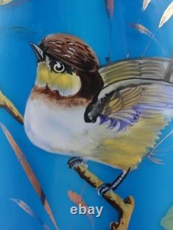 Antique Bohemian Harrach Blue Hand Painted Enamel Bird & Floral Art Glass Vase