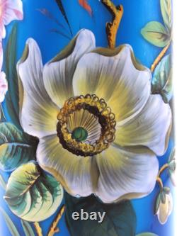 Antique Bohemian Harrach Blue Hand Painted Enamel Bird & Floral Art Glass Vase