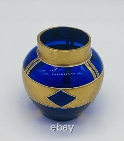 Antique Bohemian JOSEF RIEDEL COBALT Blue Glass vase Gold Gilded Enamel