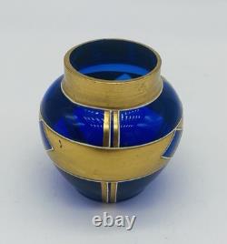 Antique Bohemian JOSEF RIEDEL COBALT Blue Glass vase Gold Gilded Enamel