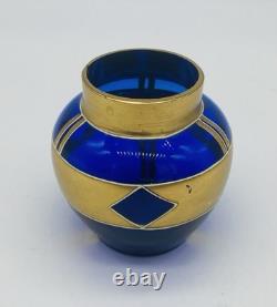 Antique Bohemian JOSEF RIEDEL COBALT Blue Glass vase Gold Gilded Enamel