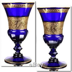 Antique Bohemian Moser Cobalt Blue Oroplastic Cut Glass Vase Acid Gold Art Deco