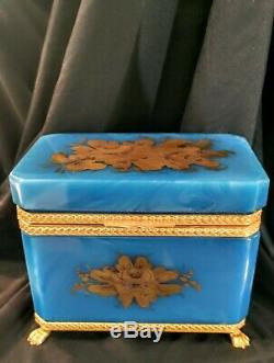 Antique Bohemian Moser blue opaline glass Gilt decoration Jewel casket