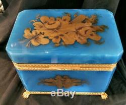 Antique Bohemian Moser blue opaline glass Gilt decoration Jewel casket