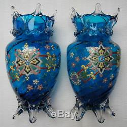 Antique C1900 Pair Auguste Jean / Harrach Art Nouveau Blue Glass Enameled Vases