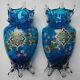 Antique C1900 Pair Auguste Jean / Harrach Art Nouveau Blue Glass Enameled Vases